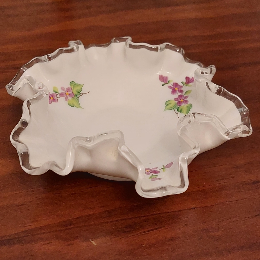 Fenton. Handpainted, ruffled, and silver crested Dish. 2"×5.75"